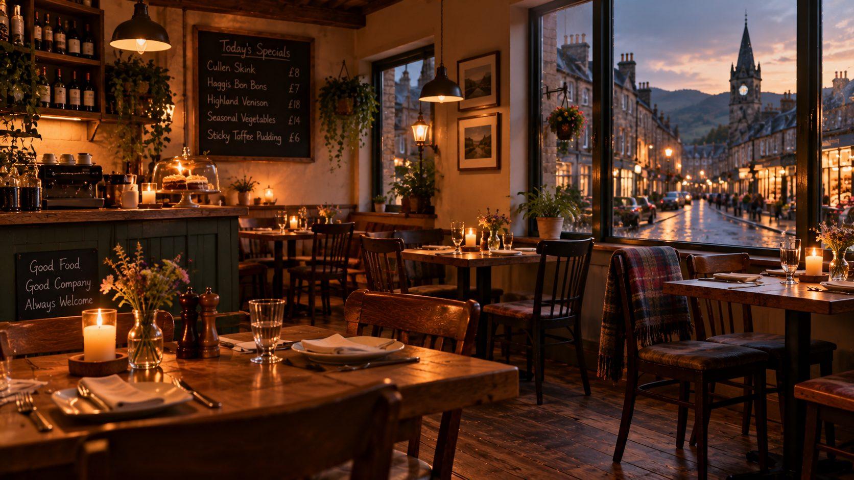 Heatherhame's candlelit dining room at dusk, looking out on a wet cobbled street
